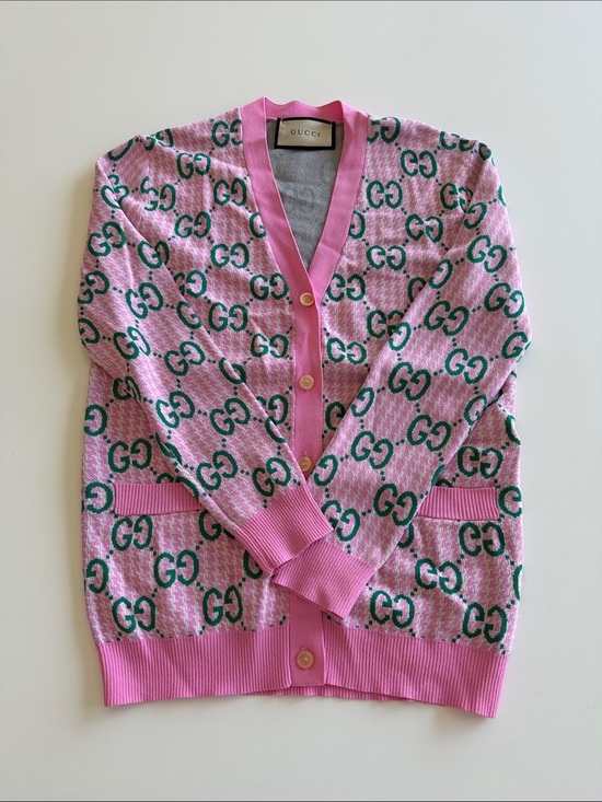 Gucci Sweaters - Gucci Pink Cardigan with Green GG Jacquard